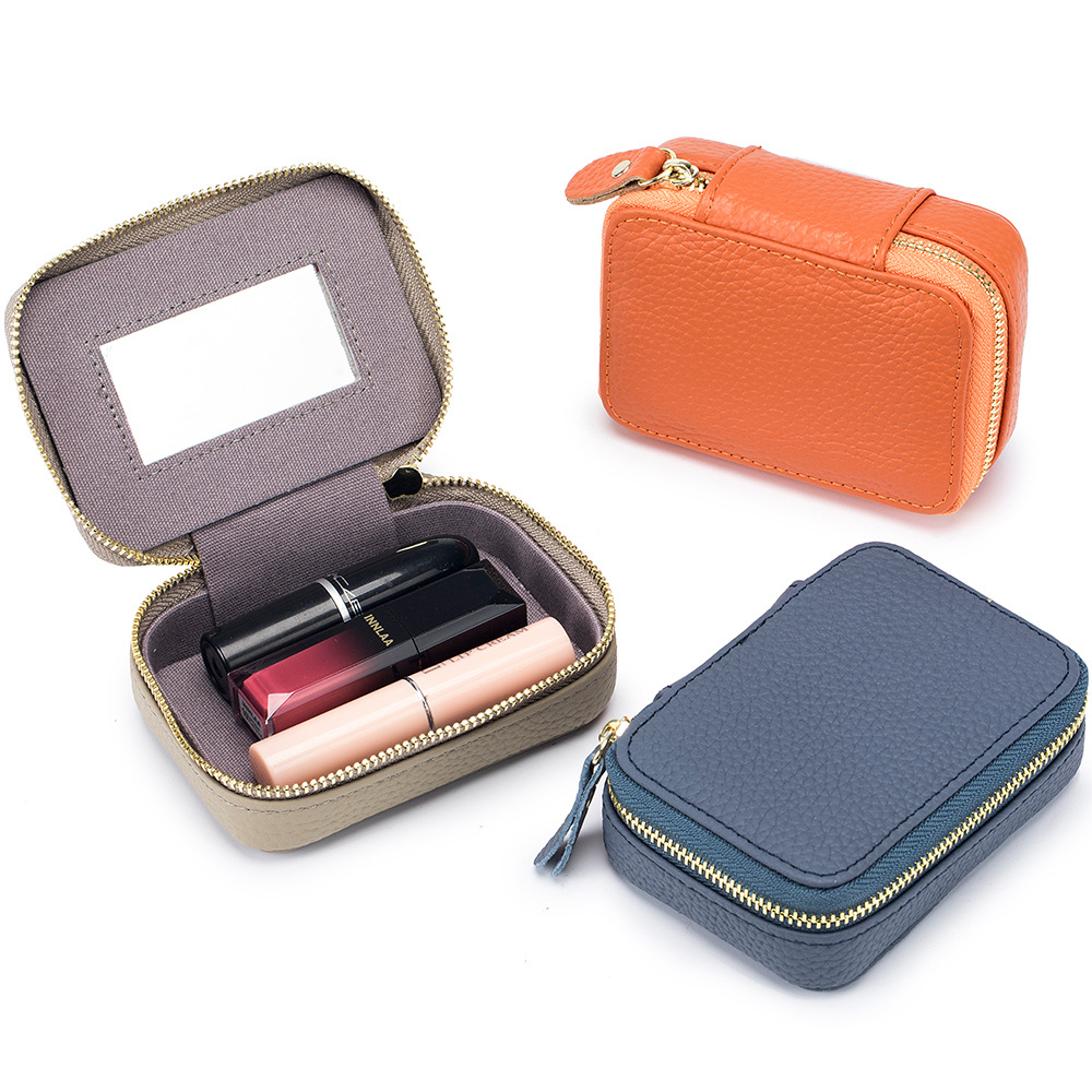Picture of 2024 Genuine Leather Mini Portable Lipstick Bag with Mirror First Layer Cowhide Storage Bag Coin Coin Headphone Bag for Women