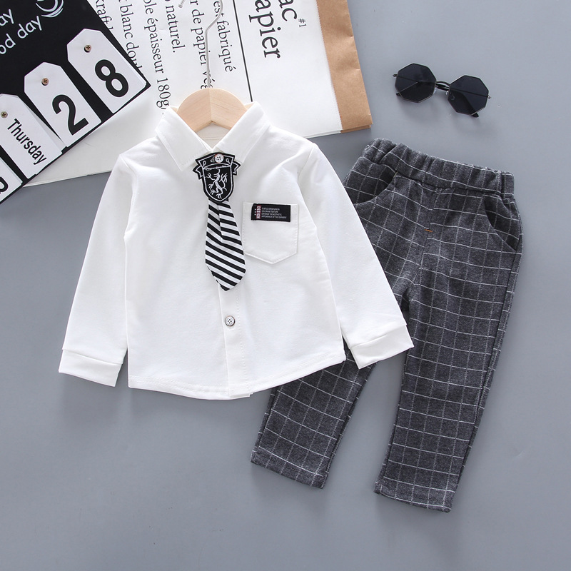 Picture of Foreign trade new spring and autumn lapel tie long sleeve British shirt children's gentleman suit two-piece a generation of hair