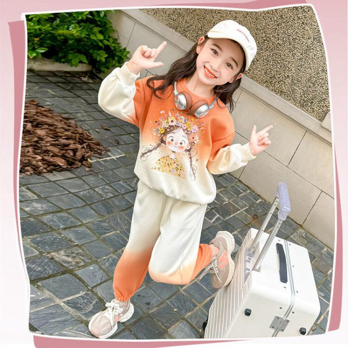 Picture of Girls Casual Gradient Suit Baby Girl Cartoon Sweatshirt Spring Autumn Winter Clothing Little Girl Fashionable Two-Piece Set Trendy Ready Stock