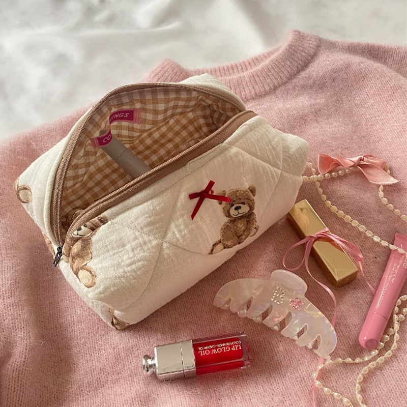 Cute teddy bear cosmetic bag portable cosmetics and skin care storage bag large capacity cartoon printed wash bag