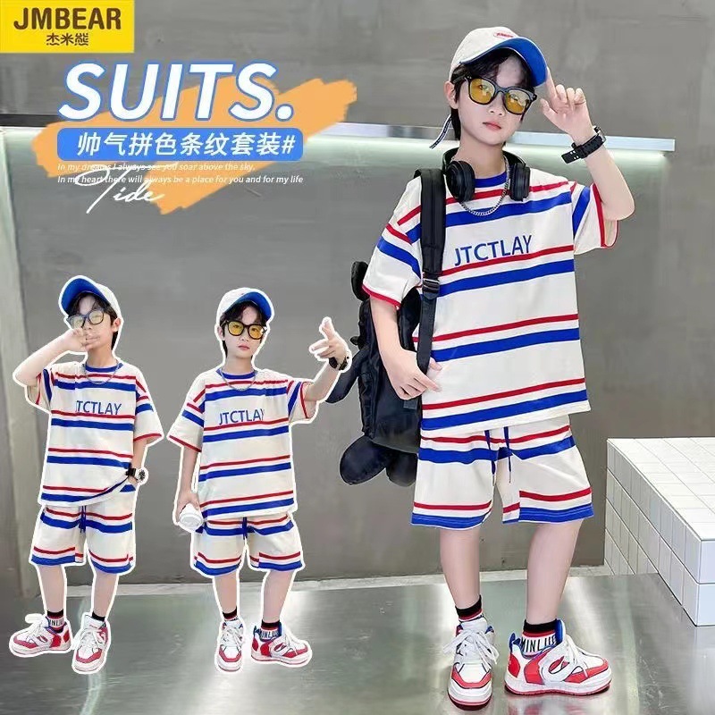 Children's Boys Summer Suit Korean Style Stripesd 2025 New Internet Celebrity Thin Short-Sleeved Clothes Cool Trendy Kidsren's Two-Piece Set