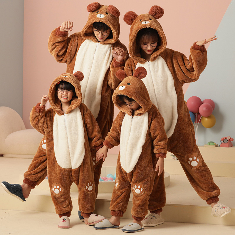 Parent-Child Pajamas Family of Three Autumn and Winter Flannel Girls' Jumpsuit Flannel Boys' Mother-Child Home Clothes