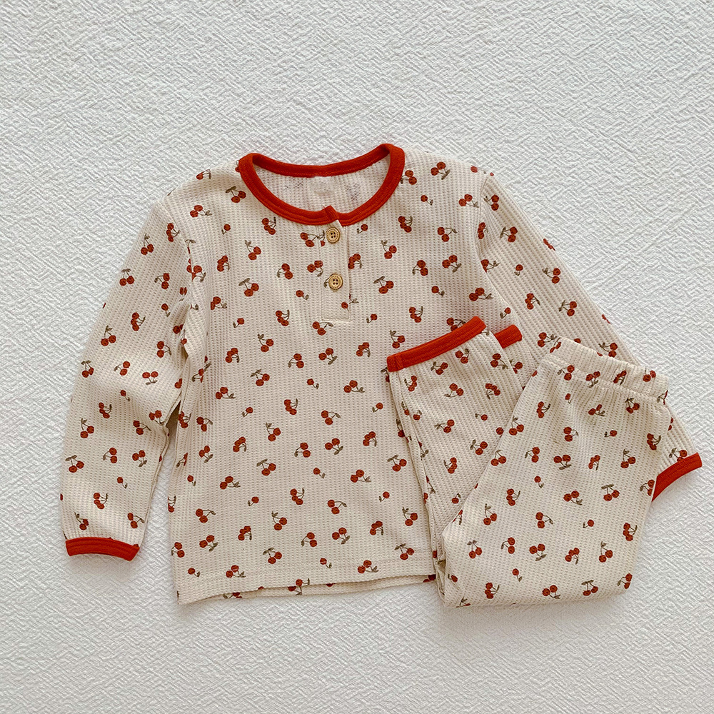 Picture of Children's Pajamas Girls' Home Clothes Boys' Cartoon Pure Cotton Waffle Suit Korean peekaboo Sleepsuit
