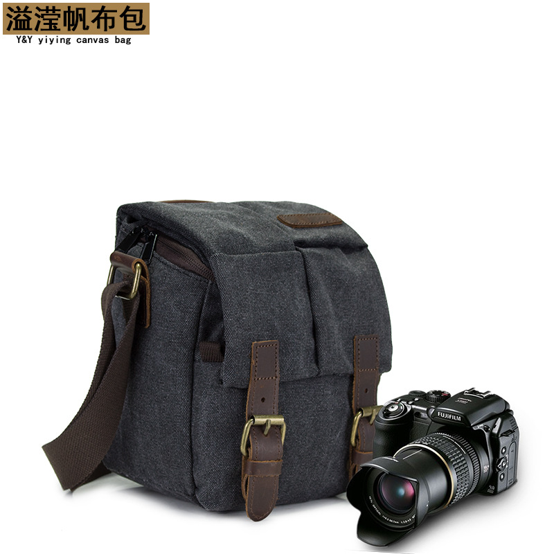 Canvas with Crazy Horse Leather Camera Bag Diagonal Camera Case Mirrorless Multi-Function Foreign Trade Retro Camera Bag