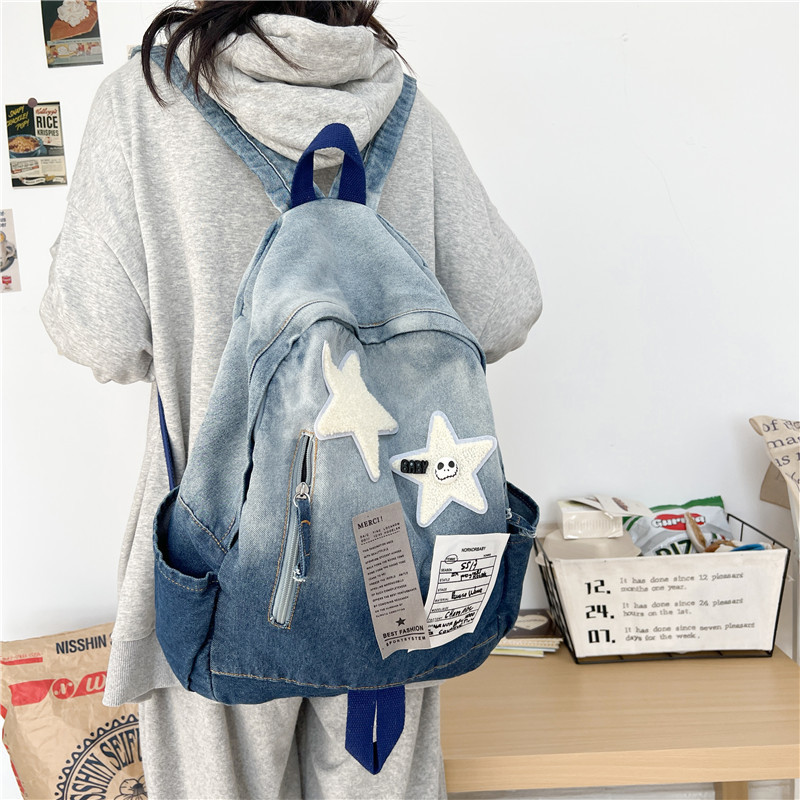 Picture of New Original Gradient Denim Star Backpack Junior Senior high school College Students Antique Sense Schoolbag All-match Travel Backpack