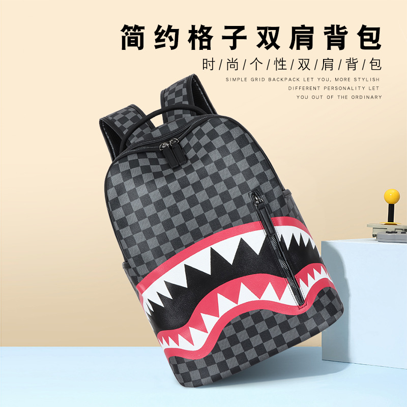 Picture of Cross-border Men's Backpack Travel Bag Fashion Plaid Backpack Student Bag Large Capacity Street Trendy Shark Bag