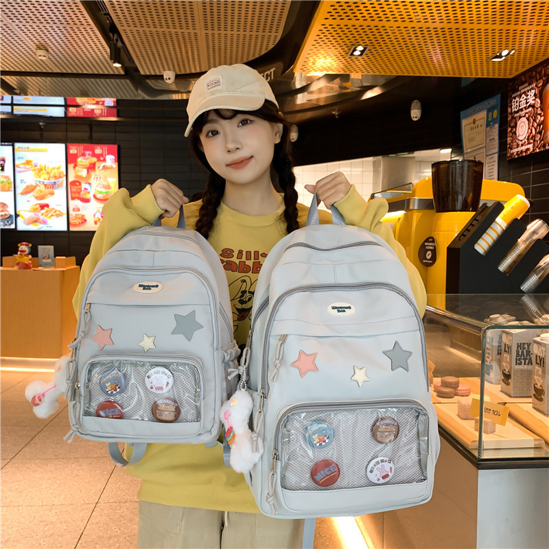 Picture of Ins Transparent Badge Casual Backpack Large Capacity All-match College Style School Bag Cute Commuter Backpack