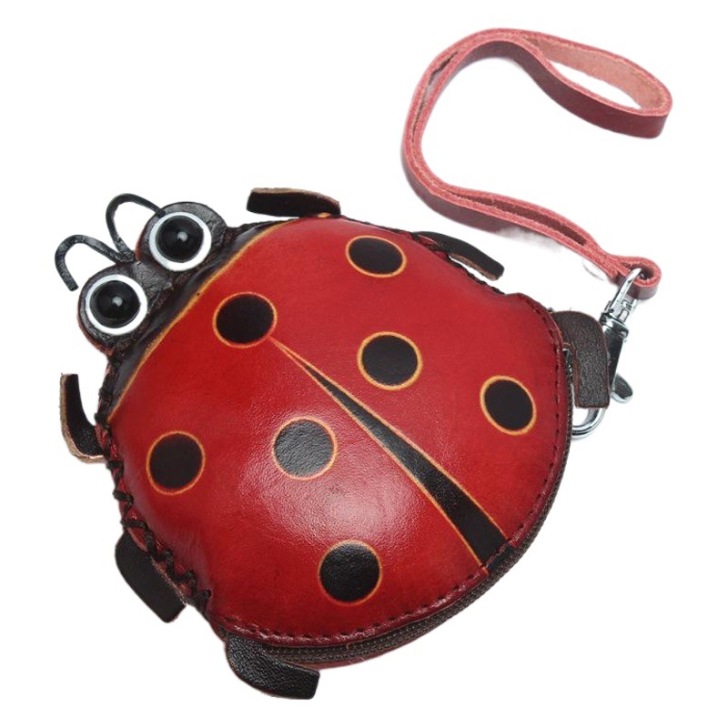 Genuine Leather Handmade Vegetable Tanned Leather Animal Coin Purse Fashion Cute Coin Bag Handheld Women's Bag Cartoon Ladybug Card Bag