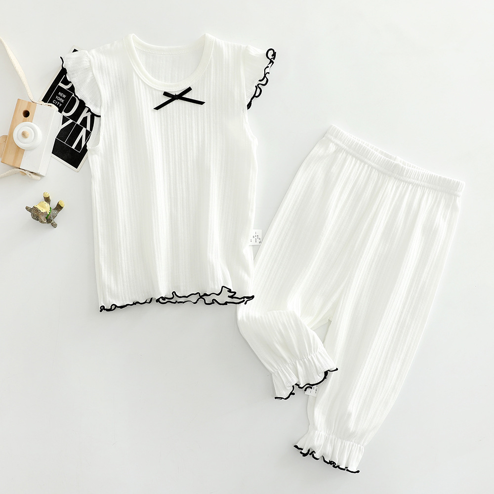 Picture of Children's short sleeve cropped pants set pure color female baby air conditioning home clothing 100 cotton thin bottoming shirt wholesale