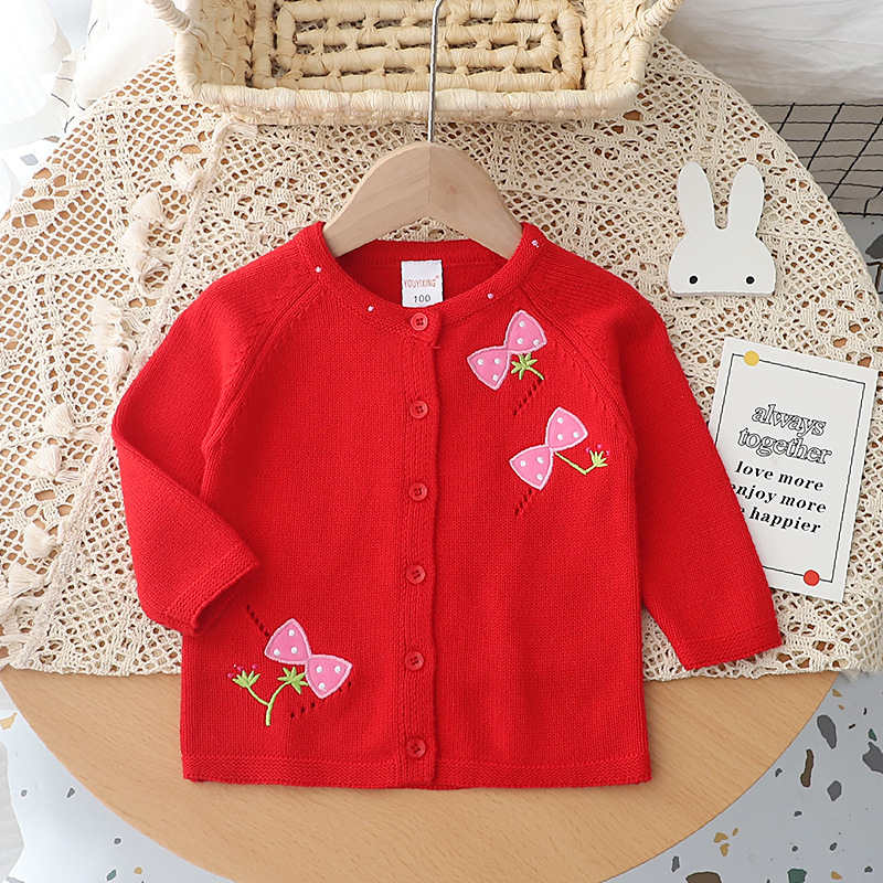 Picture of Children's Pure Cotton Knitted Sweater Jacket Embroidered Bow Female Treasure Cute Top Jacket Thin Shawl Girls' Cardigan