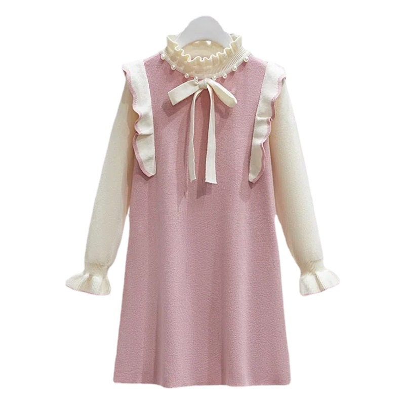 Girls Dress Autumn and Winter New Sweet Pearl Neck Sweater Dress Children's Fashionable Knitted Sweater Dress