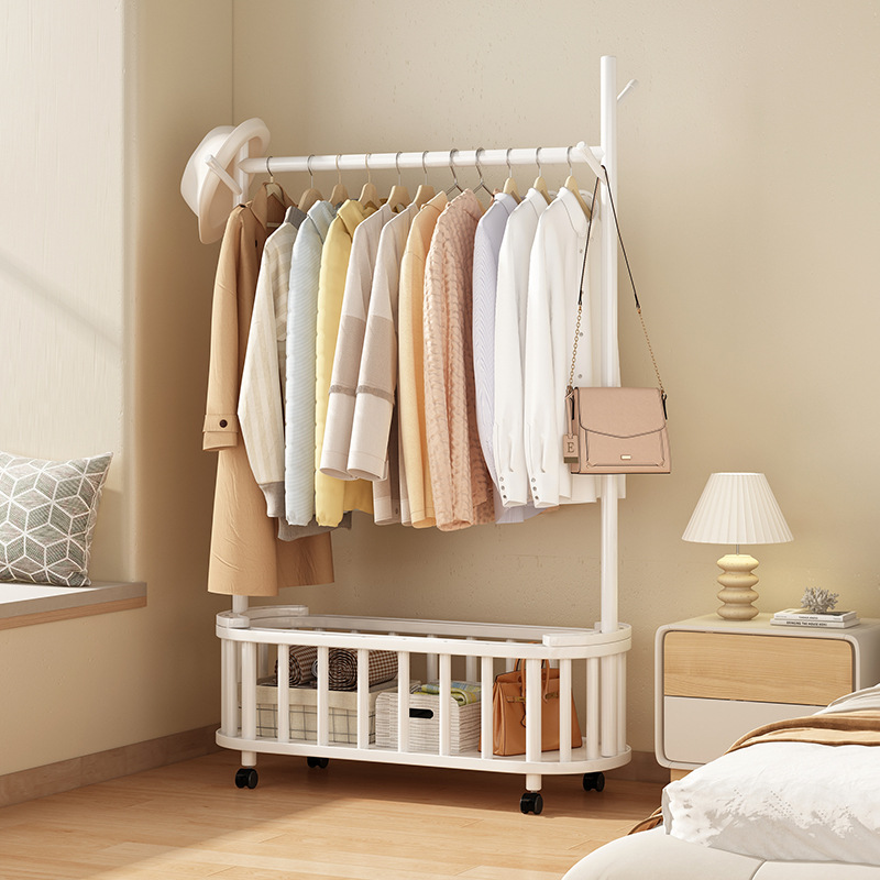Solid Wood Coat Rack Removable Wheeled Floor Hanger Bedroom Household Bedside Clothes Storage Artifact at Night