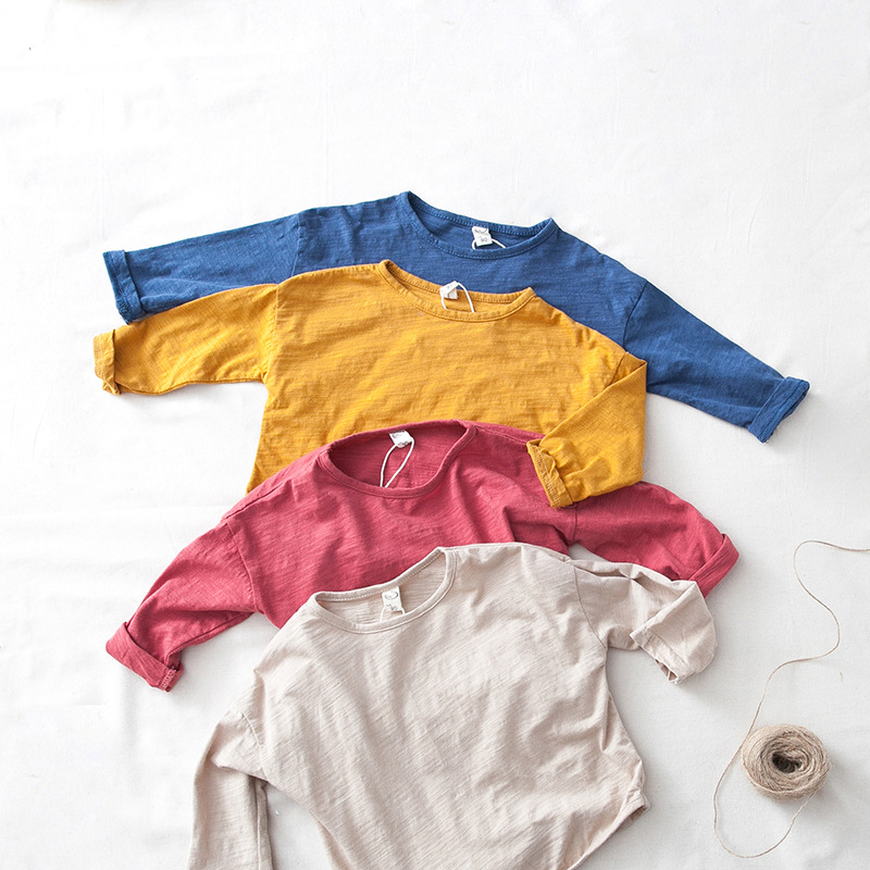 Spring Kidsren's Bottoming Shirt Pure Color Girls' Top Long-Sleeved Category a Korean Style Round Neck Loose Versatile Boys' T-Shirt Cotton