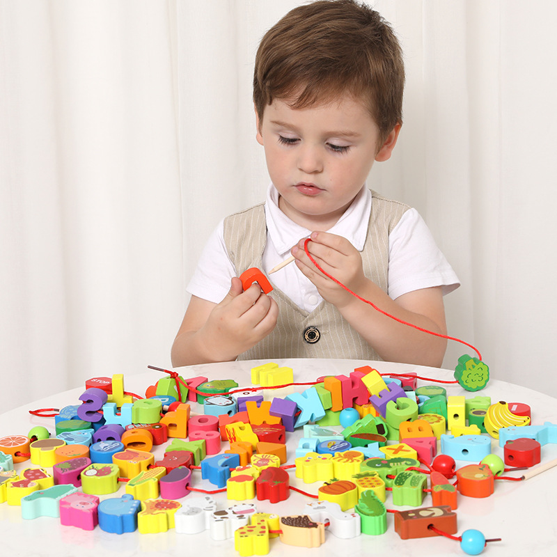 Picture of Wooden Balls Wooden 100 Pieces Number Letters City Transportation Fruit and Vegetable Farm Kidsren's Beaded Game Toys