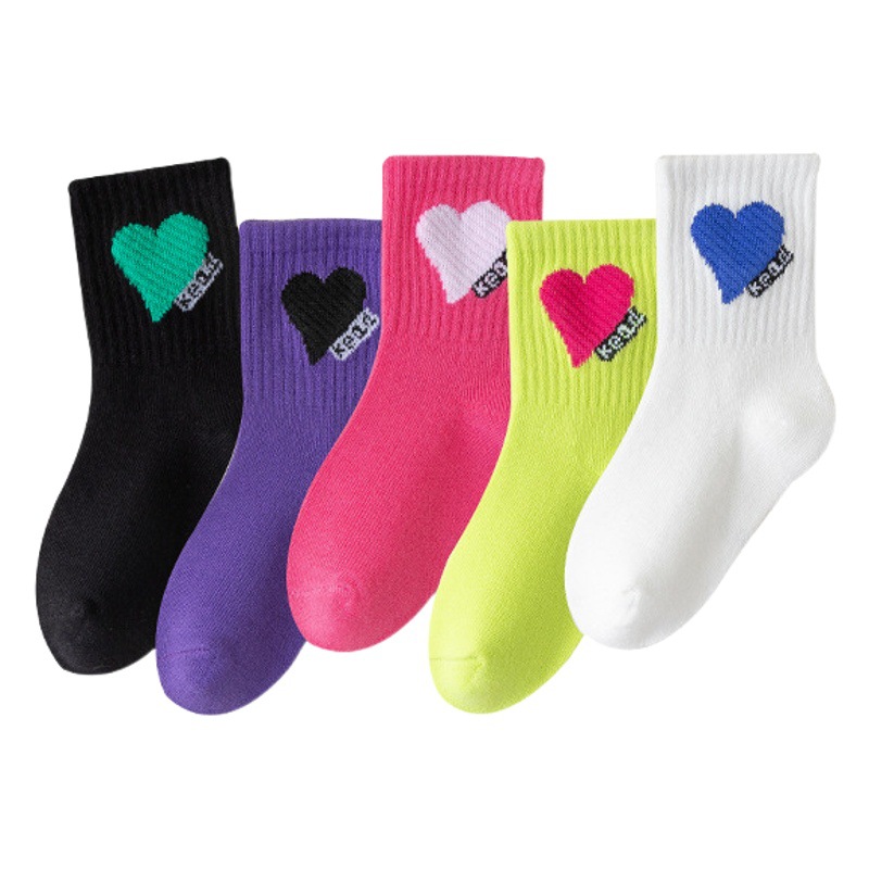 Children's Socks Autumn and Winter Korean Style Trendy Socks Solid Color Heart Mid-Tube Cotton Socks Boys Girls Sports Socks Wholesale for Older Children