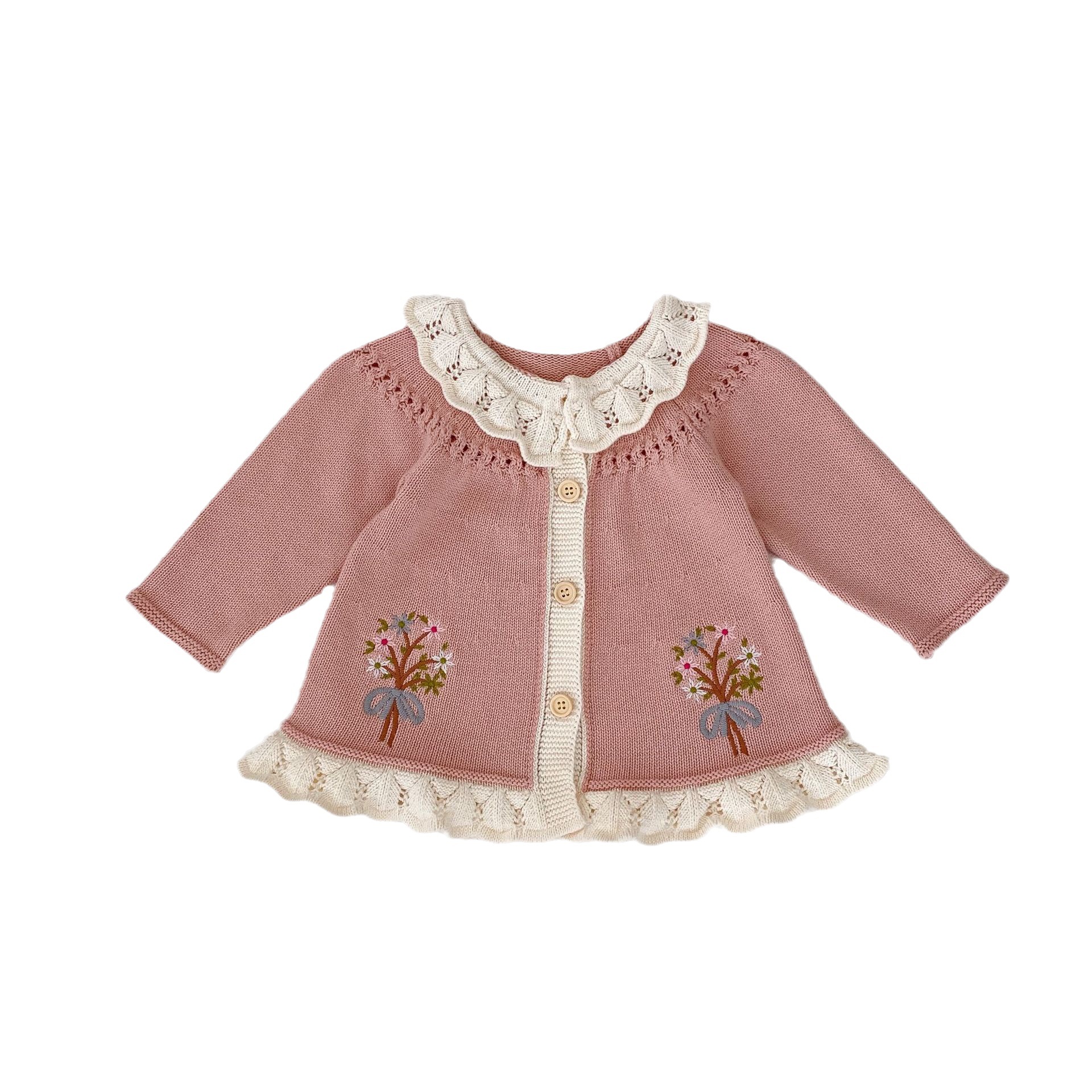 Picture of Ins2025 Spring and Autumn Baby Girl Retro Embroidered Cardigan Jacket Western Style Ruffled Lapel A-Line Long Sweater