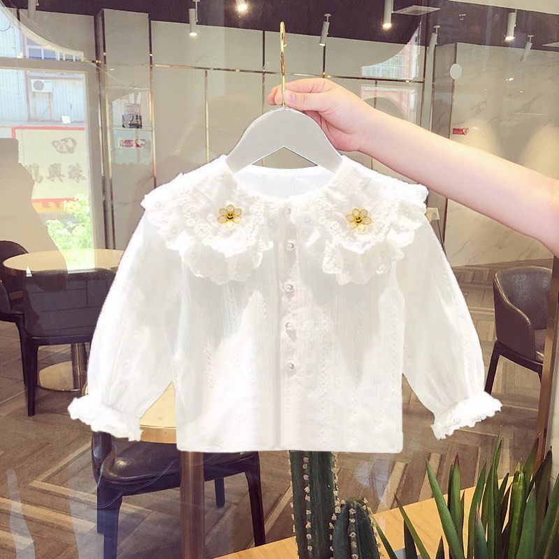 Picture of Girls' Shirt Children's Spring and Autumn Clothes Korean Style Western Style White Lace Shirt with Large Lapel for Baby Long Sleeve Top