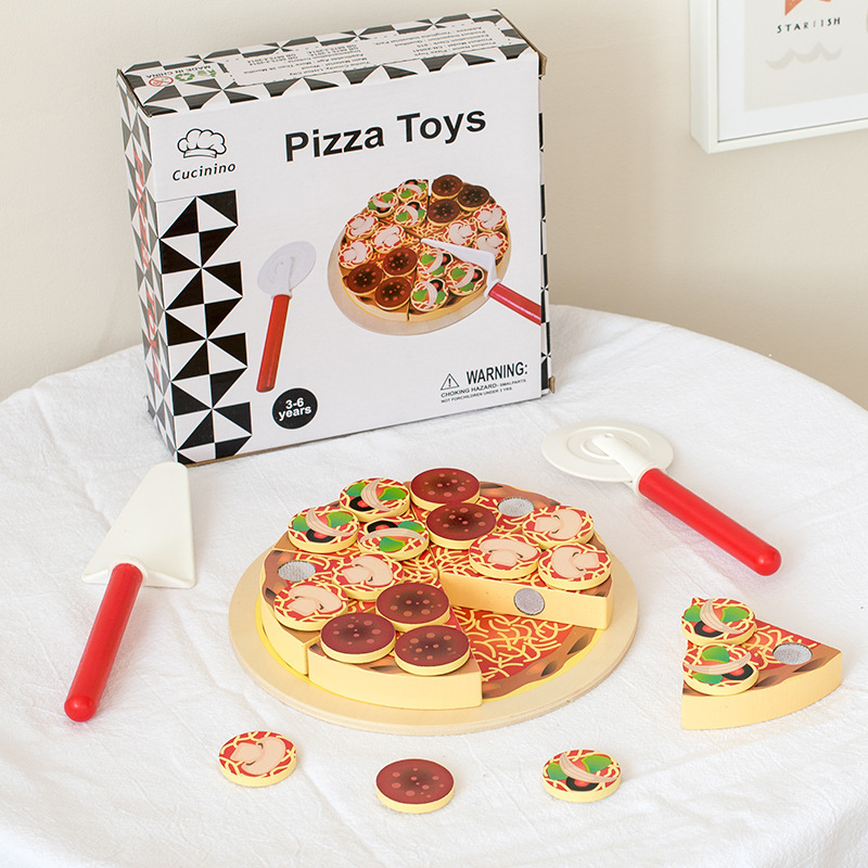 Picture of Wooden simulation pizza cut to see children play house kitchen toys boys and girls food cut to joy birthday gift