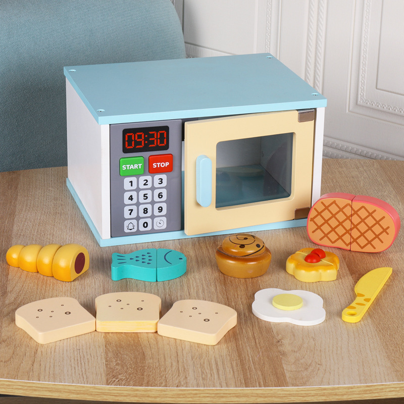 Picture of Children's Educational Toys Wooden Simulation Play House Kitchen Toy Set Coffee Machine Bread Machine Microwave Oven Toy
