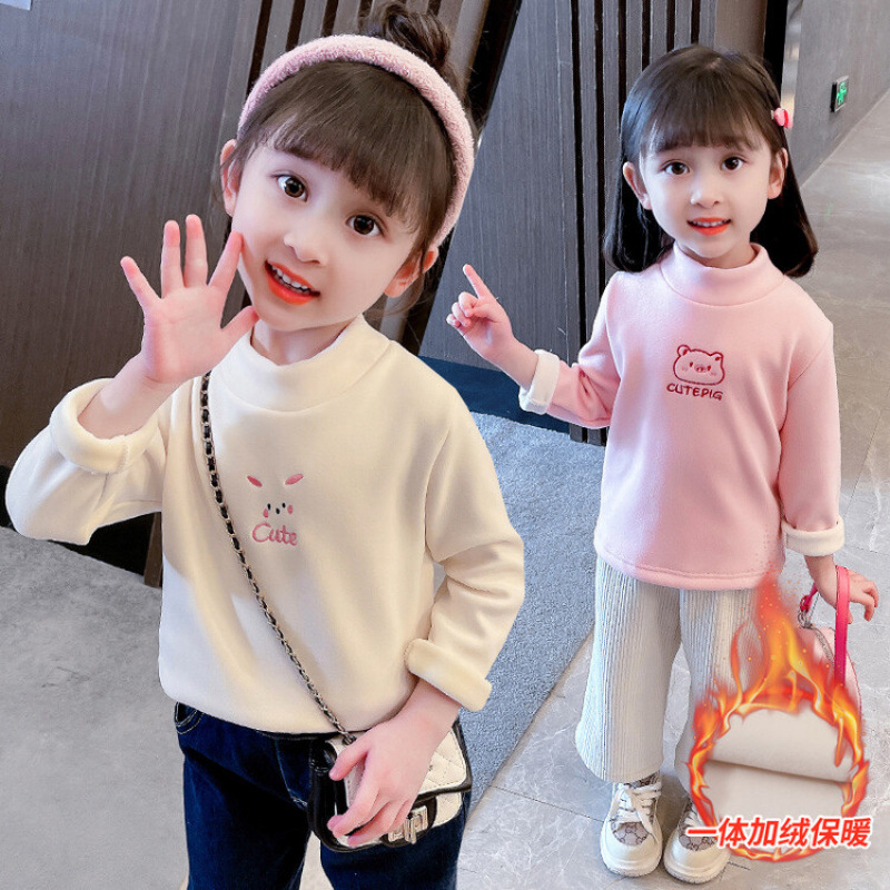 Children's Wear Winter Girls' Base Shirt fleece-lined Thickened Small and Medium-sized Children's One-piece Velvet Top Children's Half-high Collar Warm Shirt for Women