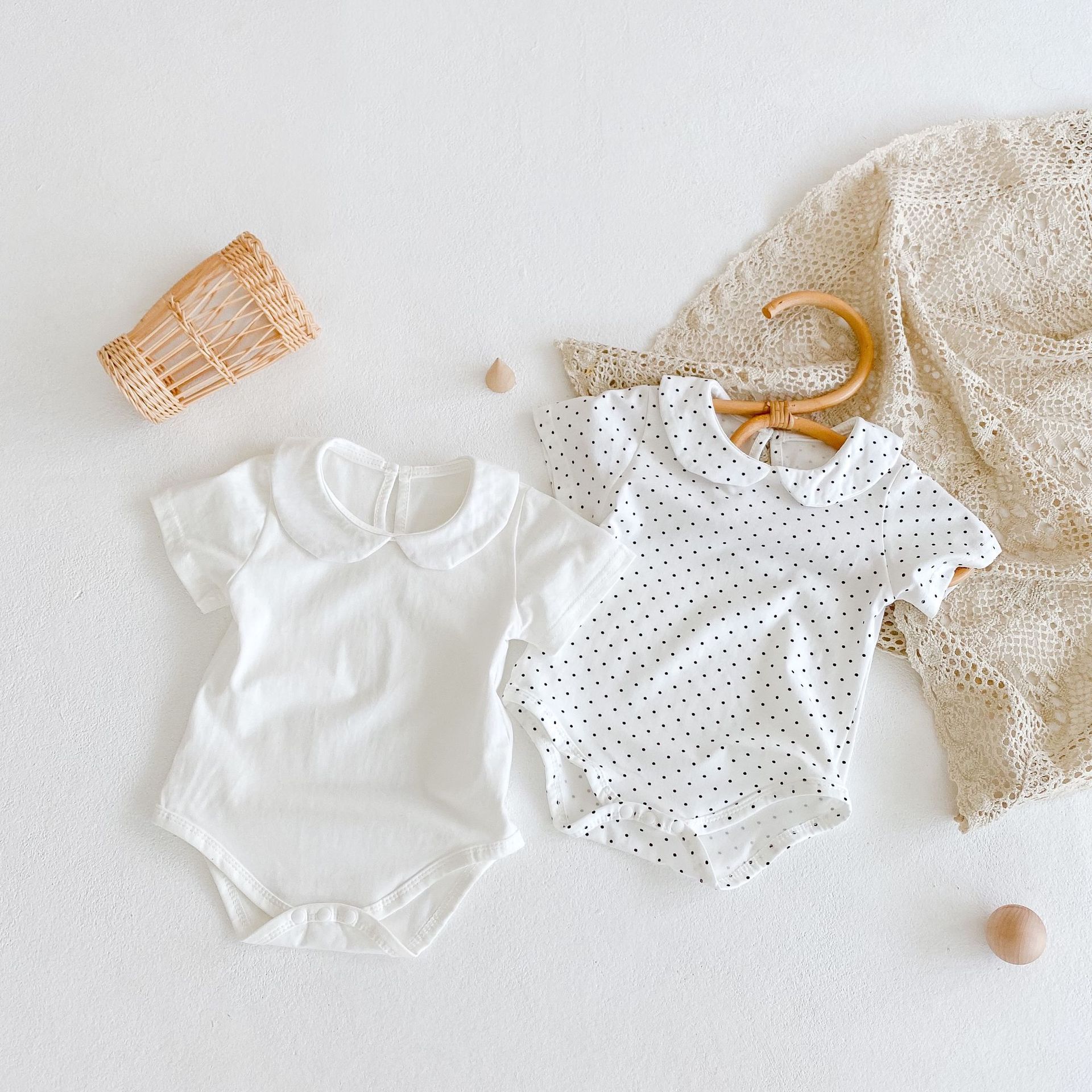 Picture of Ins 2025 New Summer Products for Infants and Young Kidsren, Baby Girls, Polka Dots, Doll Collar, Jumpsuits, Rompers