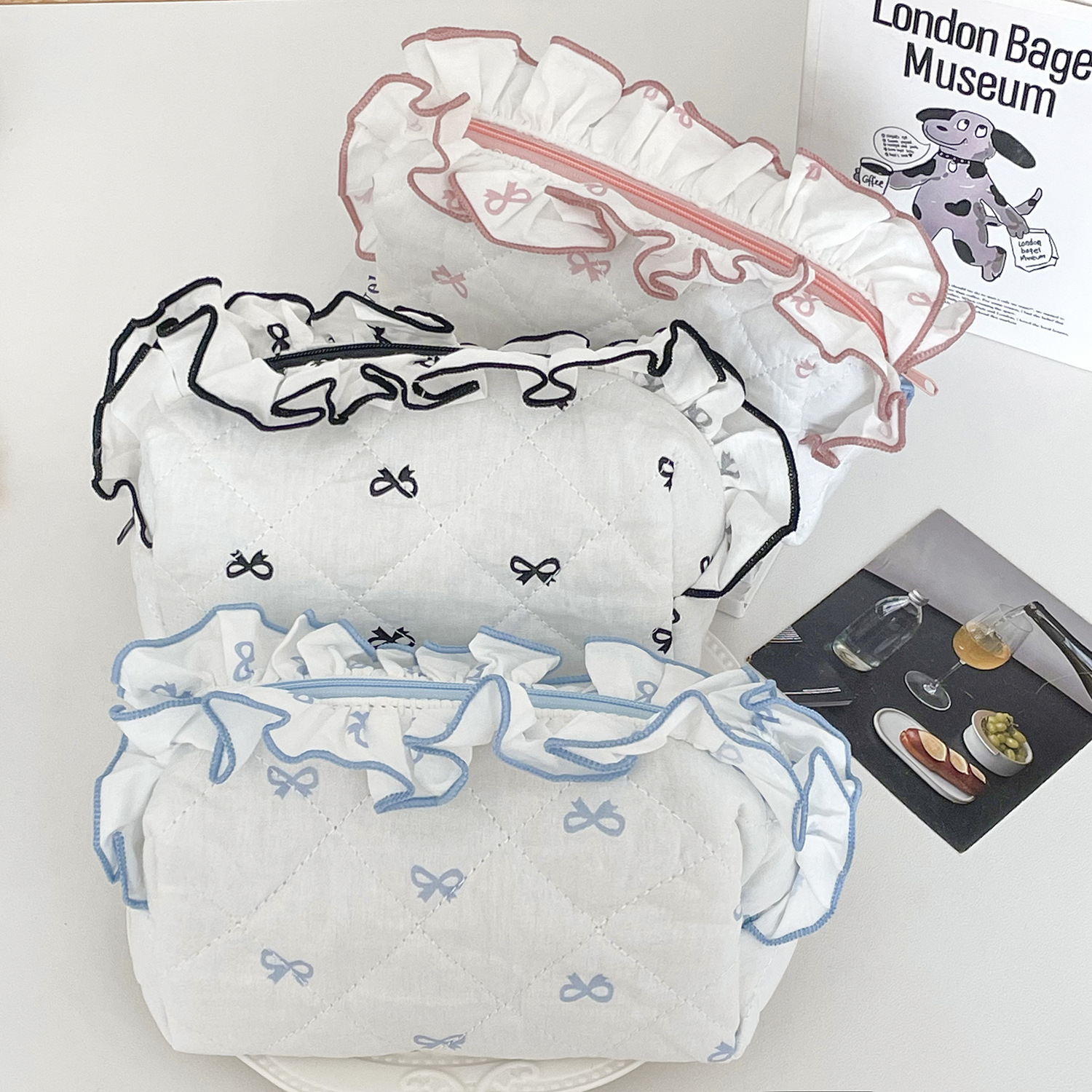 Lace Bow Makeup Bag Student Portable Sweet Fresh Ruffled Clutch Bag High-value Rhombic Storage Bag