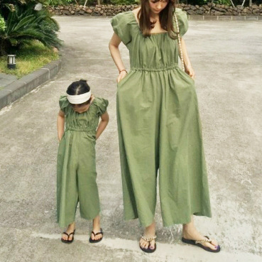 Summer 2022 Korean style parent-child clothing New girls' Korean style Raglan puff sleeve wide-leg women's jumpsuit 1