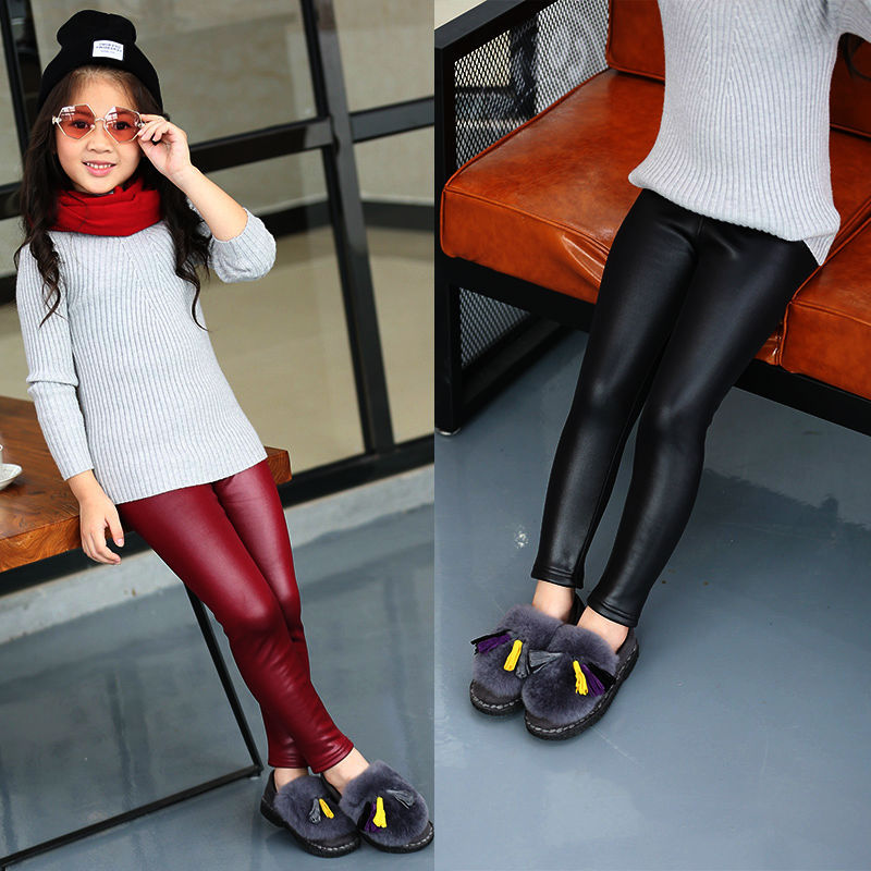 Picture of Spring and autumn girls leggings plus velvet imitation leather pants girls thin leather pants children pants wholesale