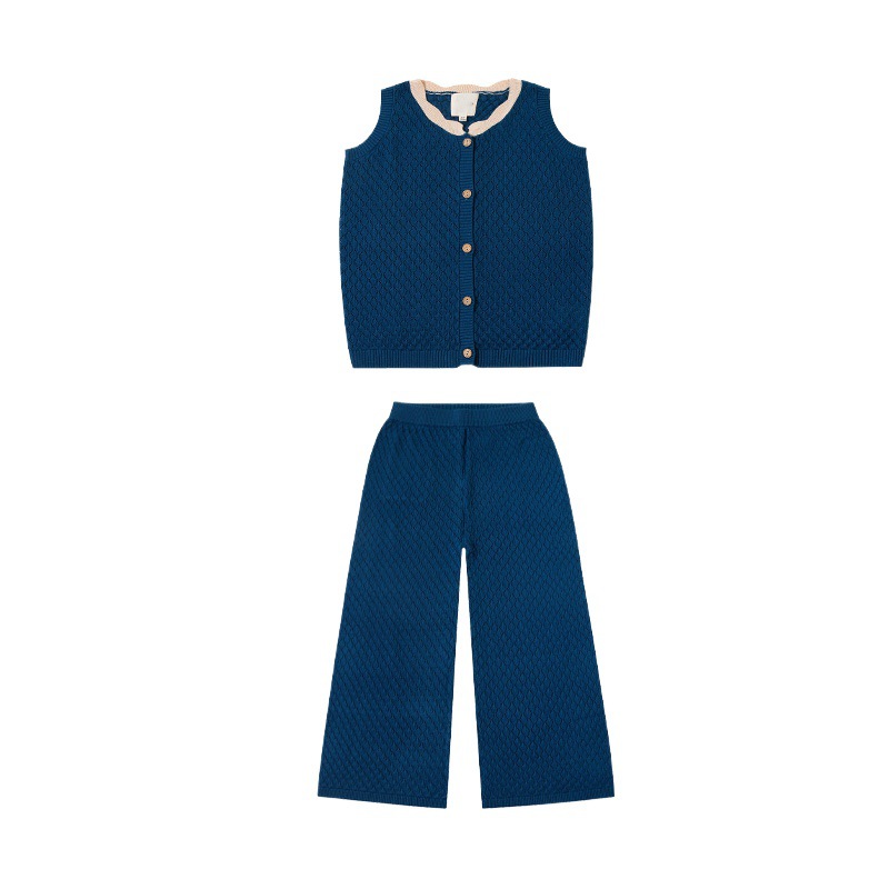 Picture of Young Kidsren's 2024 Spring and Summer Kidsren's Knitted Suit Sleeveless Thin Cut Out Lace Collar Top Wide Leg Pants in Stock