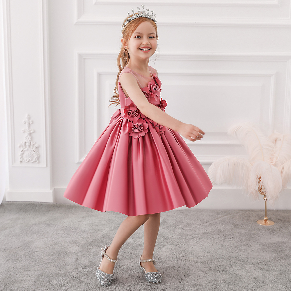 Picture of Amazon Wish Princess Dress Girls Stereo Silks and Satins Flower Wedding Dress Stage Performance Puffy Dress