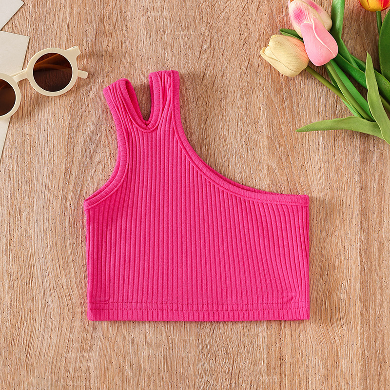 Cross-border Children's Wear Girl's Summer Vest 2024 New Foreign Trade Girl's Inclined Shoulder Irregular Strap Hundred Tower Top