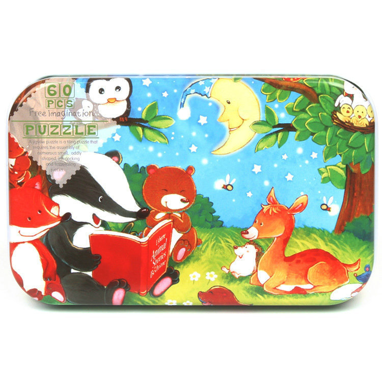 Picture of 60 pieces iron box puzzle children's educational kindergarten early education cartoon wooden puzzle toy generation