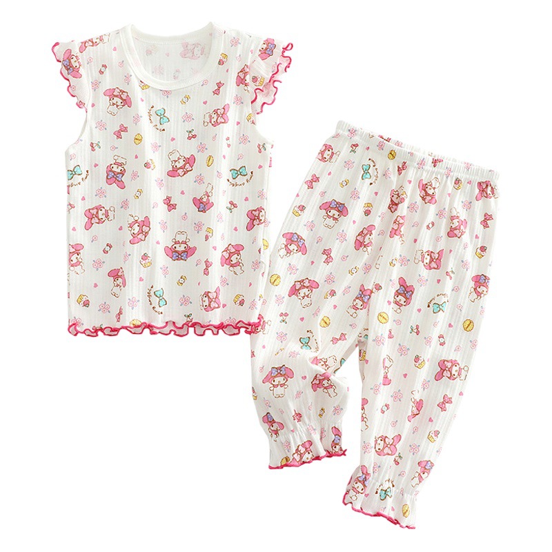 Children's short sleeve cropped pants set pure color female baby air conditioning home clothing 100 cotton thin bottoming shirt wholesale