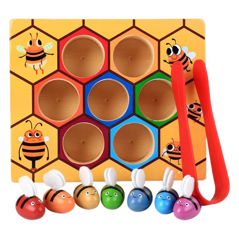 Wooden children's Beehive Game color cognition matching Montessori teaching aids little bee clip music educational toys