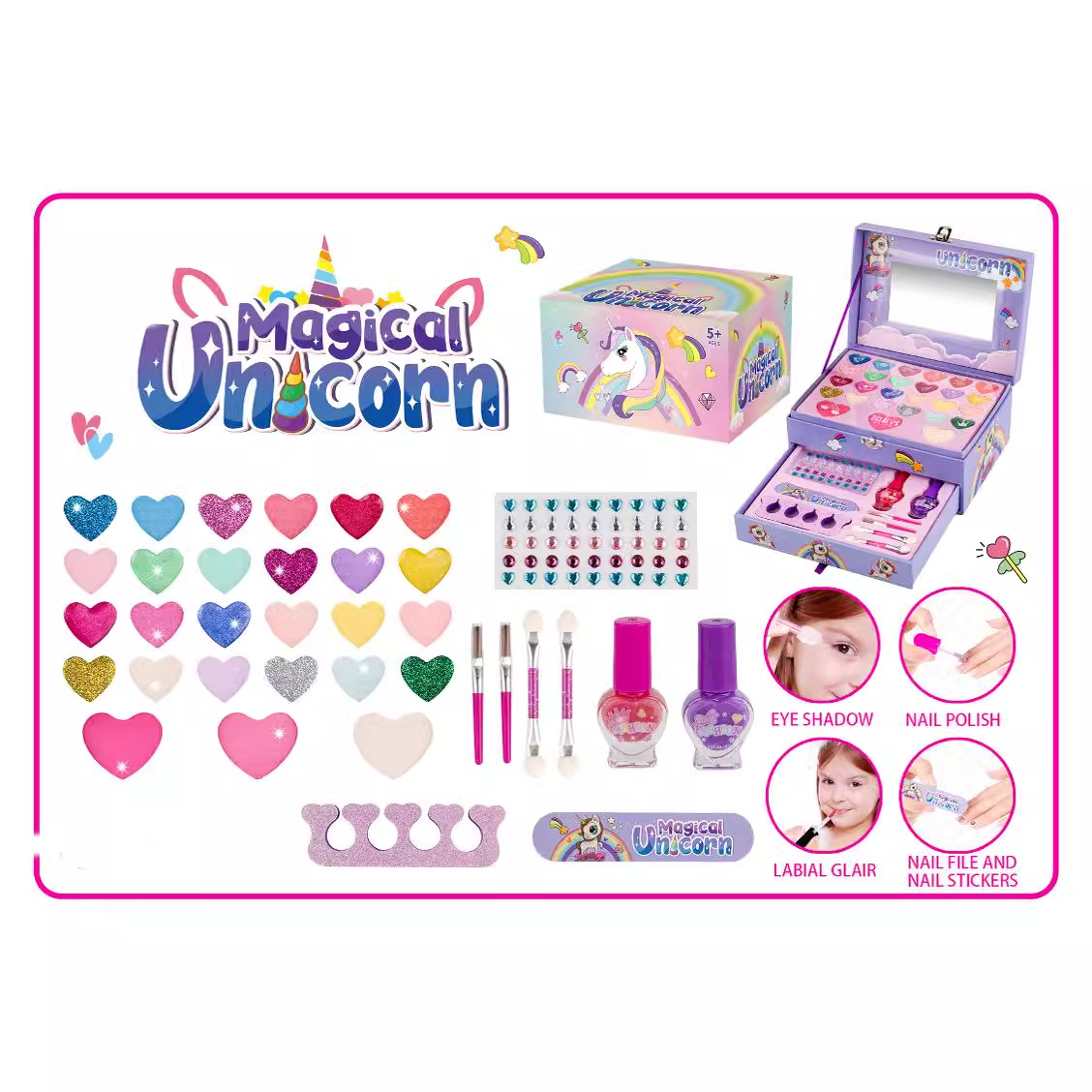 Picture of Amazon's Hot-Selling Kidsren's Makeup Lipstick Eye Shadow Nail Polish Makeup Box Two-Layer Drawer Box Girls Cosmetics