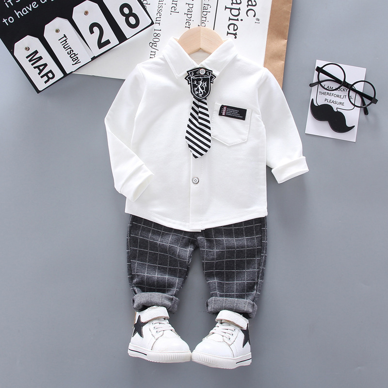 Picture of Foreign trade new spring and autumn lapel tie long sleeve British shirt children's gentleman suit two-piece a generation of hair