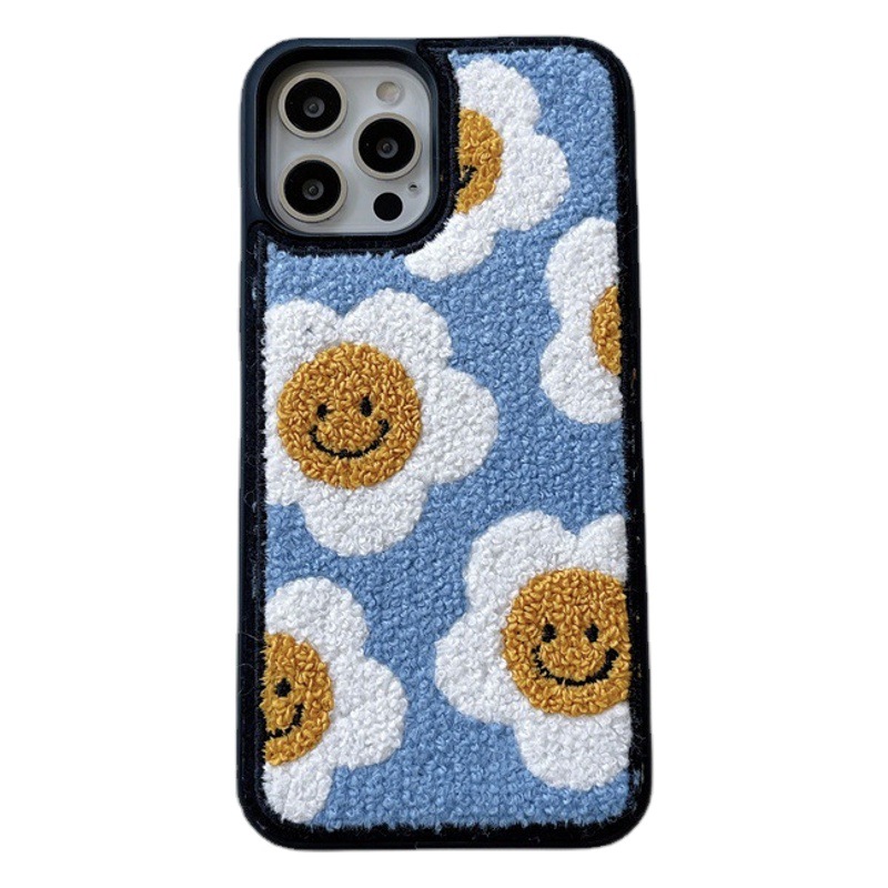 Embroidered smiley face flower for iPhone16promax apple 14 phone case plush 15 sunflower 13 autumn and winter