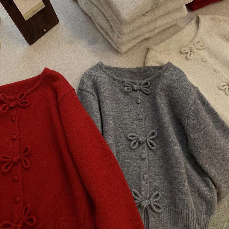 Picture of Casual Chinese Button Knitwear Cardigan 2025 Autum Little Girl Retro Design Bow Lazy Style Knitwear