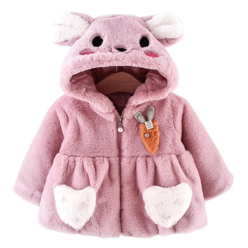 Winter Girls Cotton Clothes New Children's Wear Animal Embroidered Hooded Sweater Sweet Love Pocket Warm Cotton Jacket