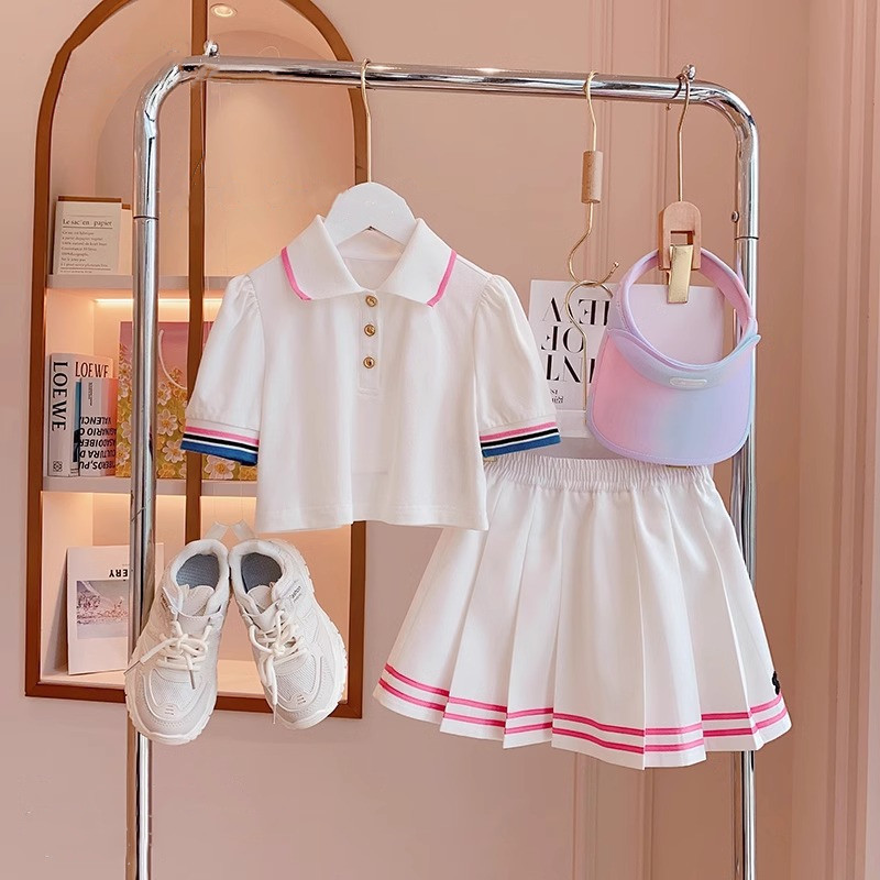 Girls' Summer College Style Suit Skirt New Short-Sleeved Pleated Skirt Fashionable Korean Style Two-Piece Set for Middle and Large Children