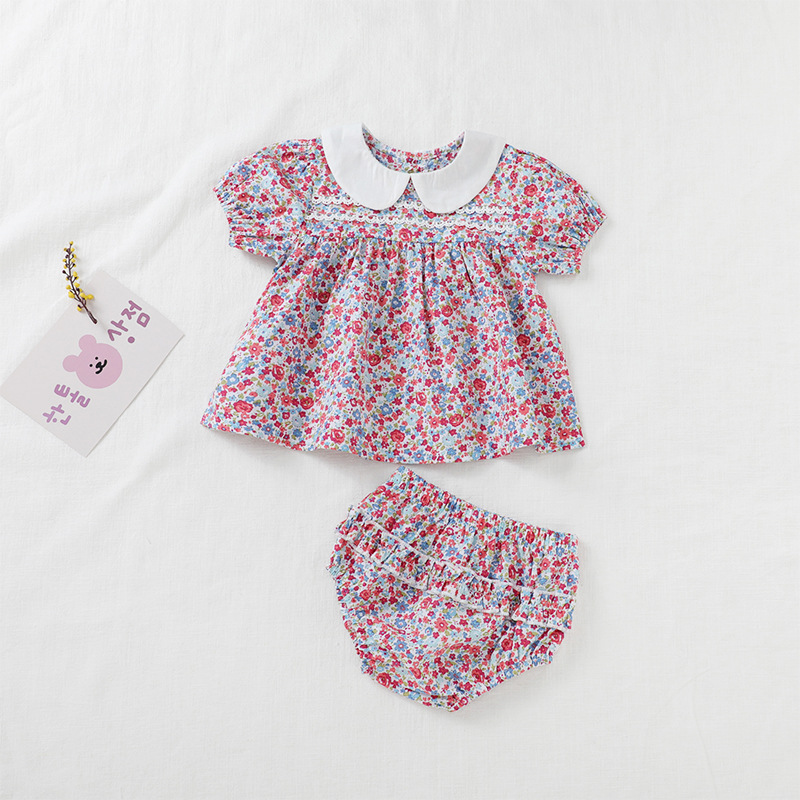 Picture of 2025 Summer Korean Style Floral Baby Short-Sleeved Two-Piece Set Small Cherry Kidsren's Split Shorts Girls' Clothes in Stock