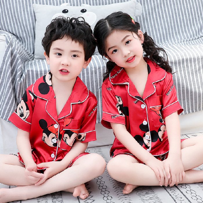 Picture of European and American Foreign Trade Children's Silk Cute Cartoon Pajamas Summer Short-sleeved Loose High-elastic Satin Home Clothes for Boys and Girls
