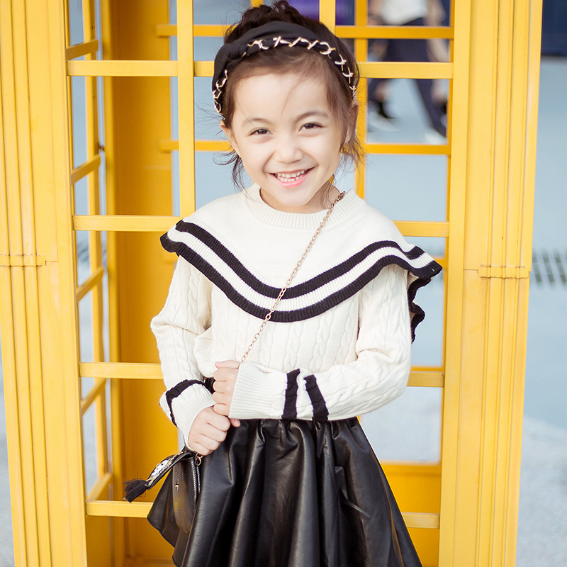 Girls' Children's Sweater New Black and White Spacer Ruffled Korean Knitted Pullover Junior Sweater