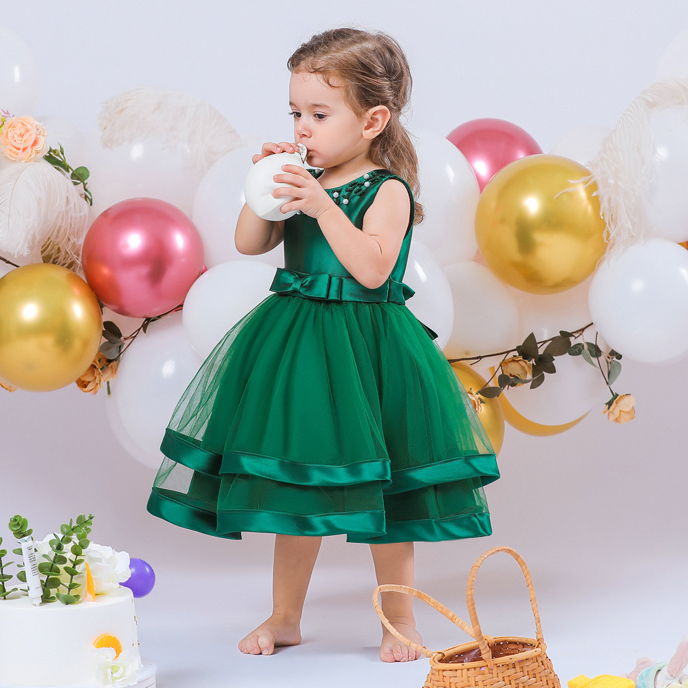 2024 Amazon Infant and Toddler Dress Baby Girl One Year Old Princess Dress Beaded Baby Puffy Cake Dress