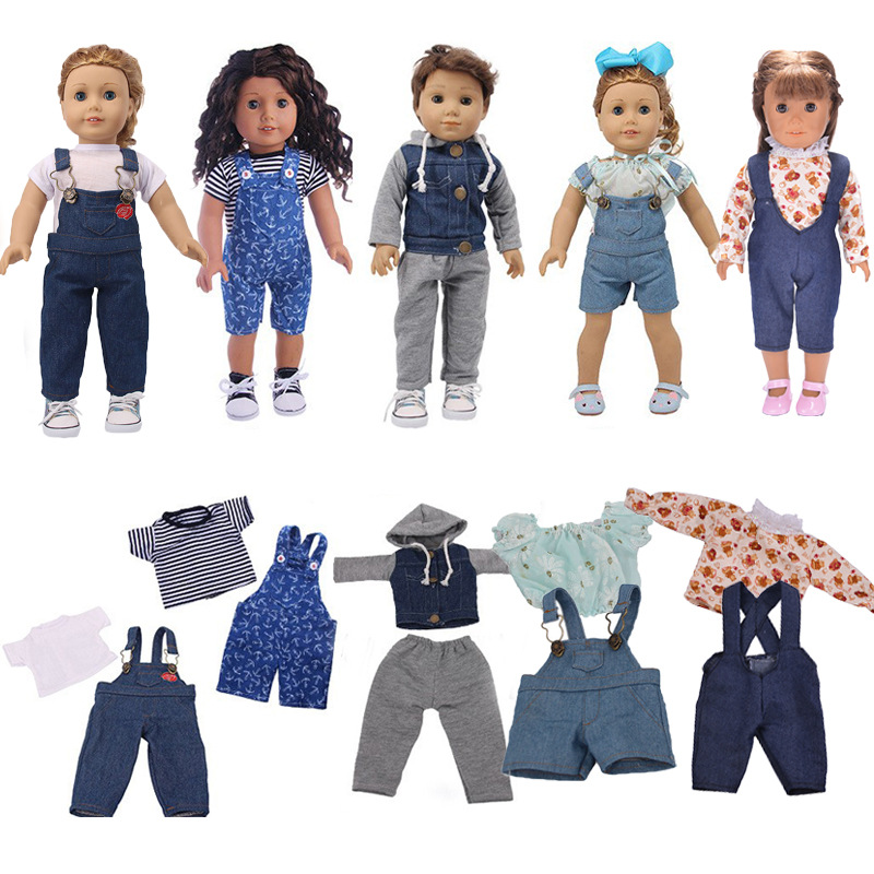 Picture of New 18 inch American doll accessories denim suspenders 43cm summer doll clothes set factory straight hair