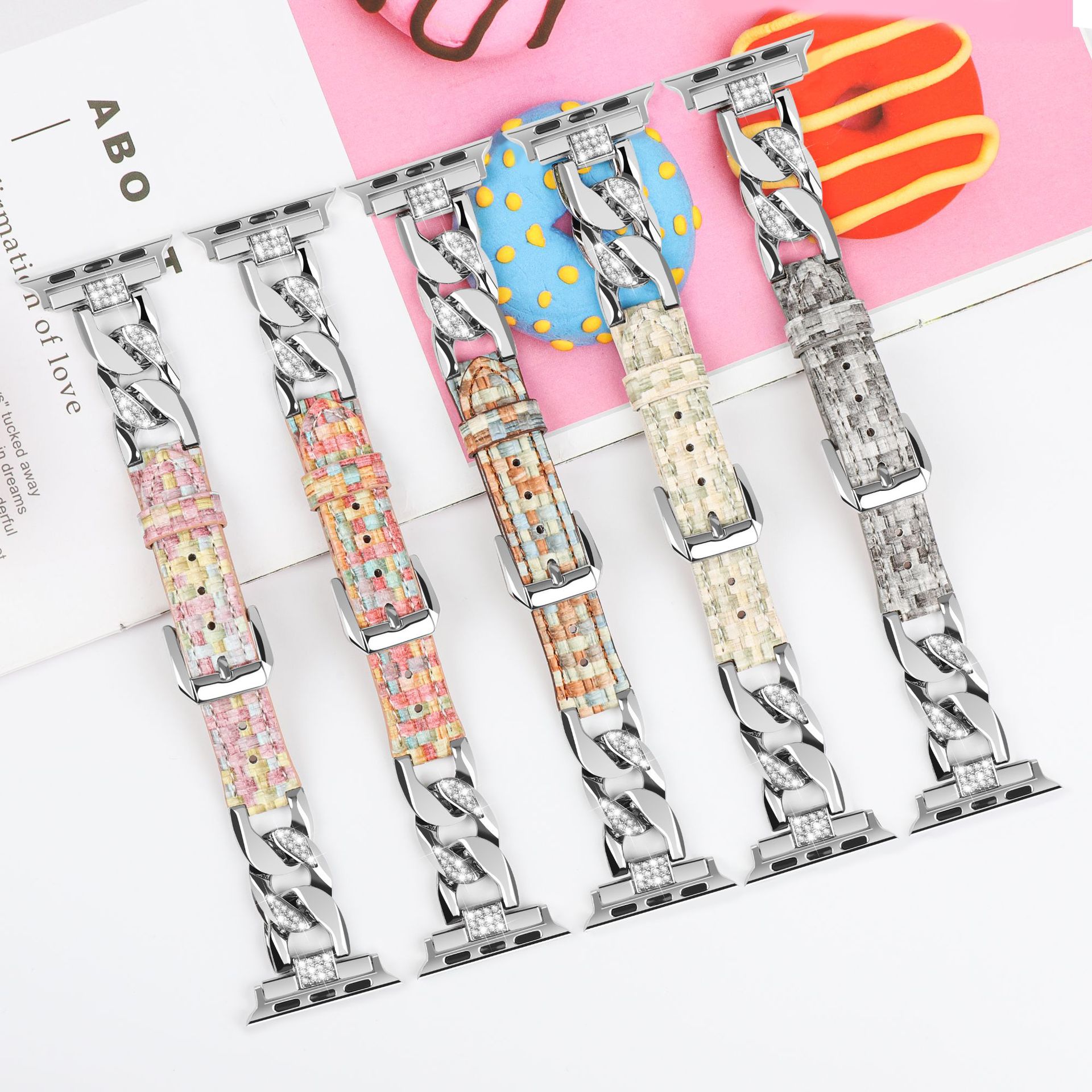 Picture of Suitable for Apple Watch strap Diamond denim chain belt iwatch98ultra2 woven color leather strap