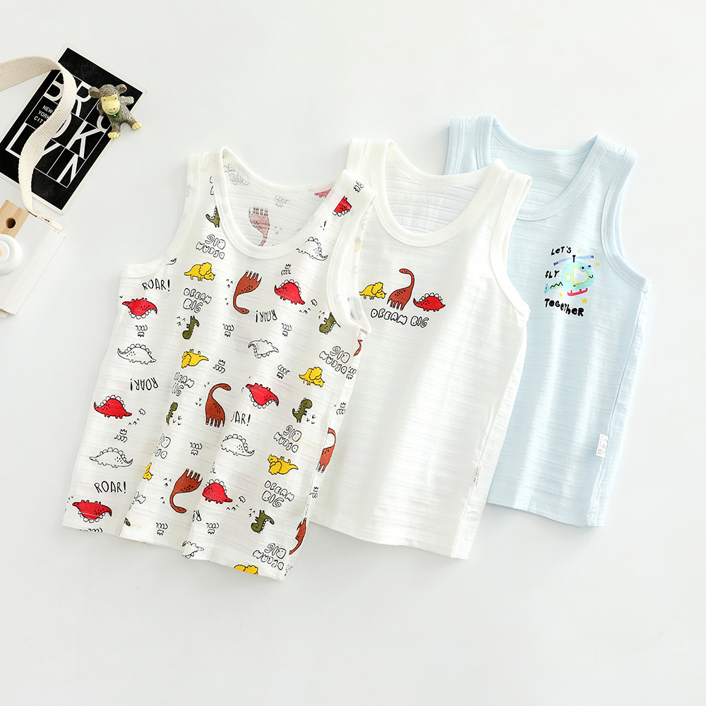 Picture of 3 PCs Summer Slub Cotton Children's Vest Boys and Girls Baby 100 Cotton Cartoon Sleeveless Base Pajamas Lightweight Breathable