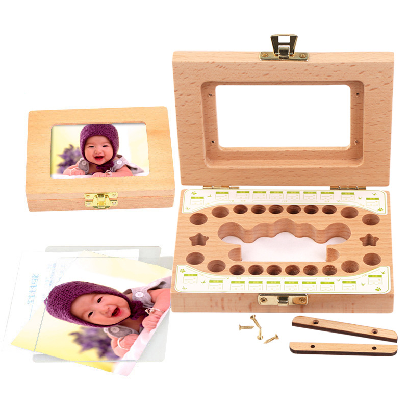 Picture of Wooden Children's Deciduous Teeth Box 1-3-5 Years Old and a Half Baby's Fairy Hair Deciduous Teeth Storage Box One Year Old Memorial Umbilical Cord Collection Box