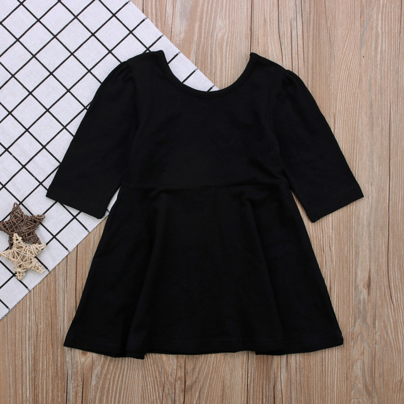 Picture of Children's European and American spring and autumn girls' three-quarter sleeve solid color dress children's clothing one-piece delivery ins