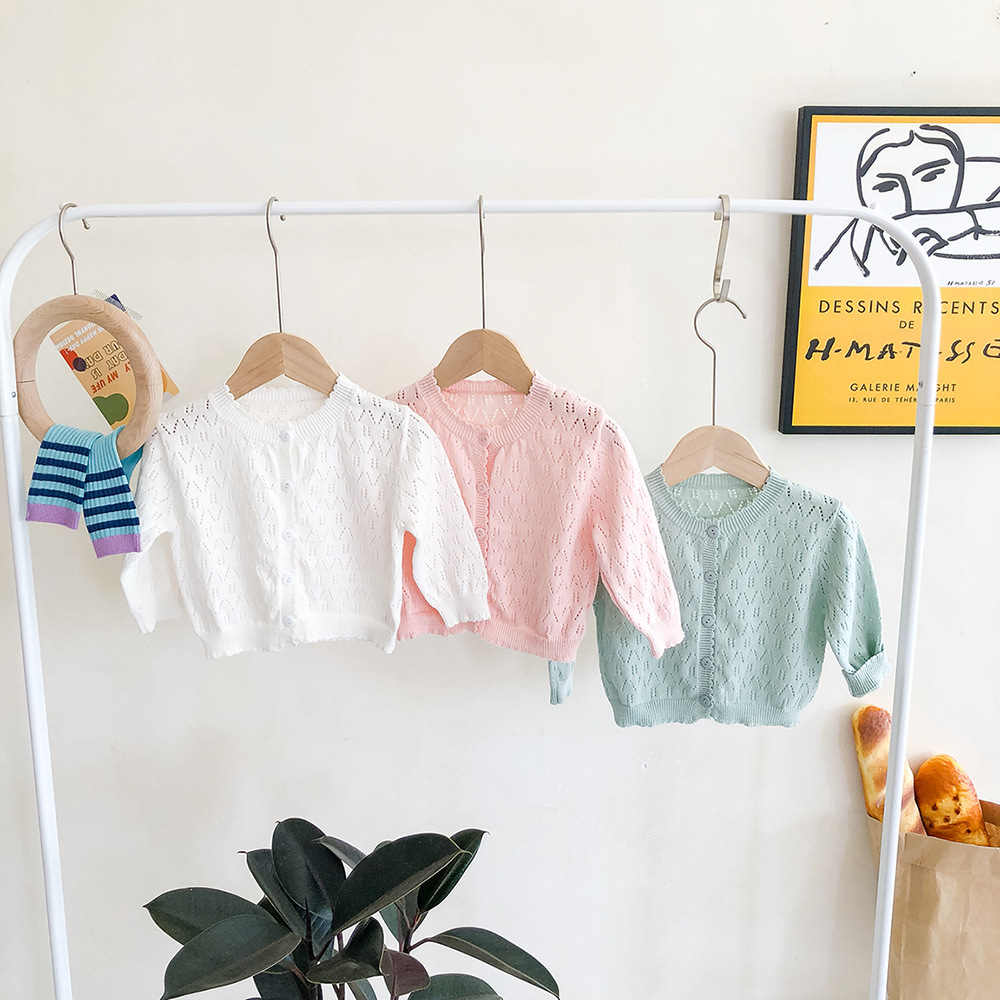 Picture of 2025 Spring and Summer New Sweet Princess Solid Color Cardigan Sun Protection Air Conditioning Shirt Long Sleeve Knitted Hollow Jacket 3 Colors Selection